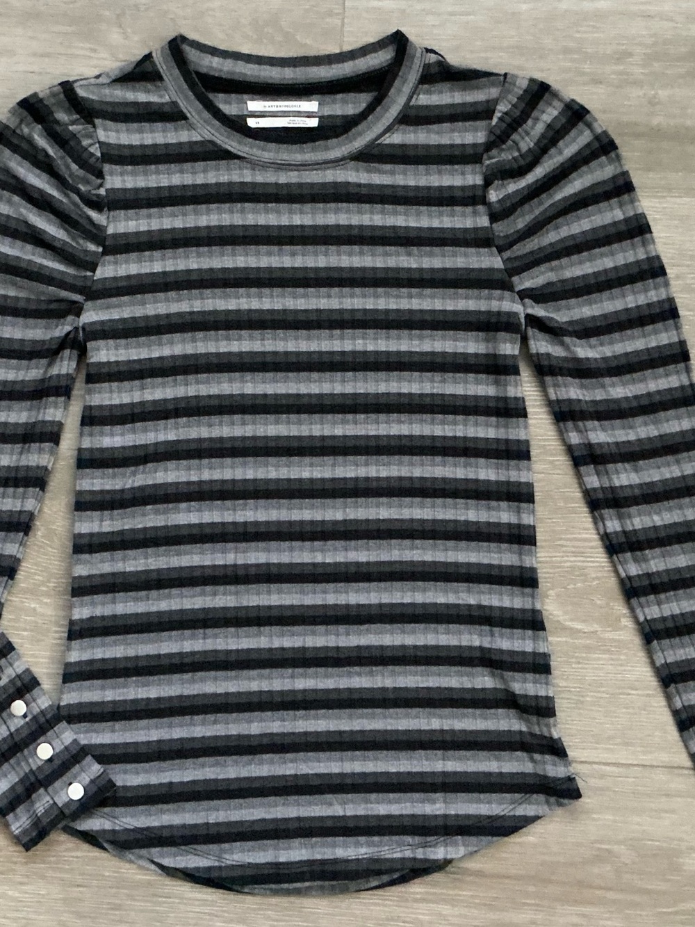 Anthropologie Striped Puff Long Sleeve Ribbed Knit Top Gray Black Snap Cuff S